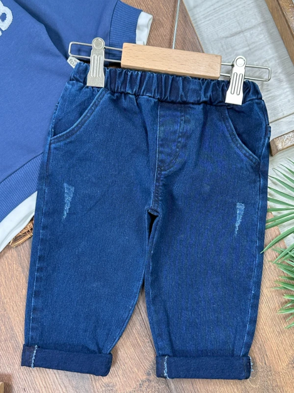 Likralı Kot Pantolon Çift Taraflı Şapka NakışlıSweatshirt 3lü Erkek Bebek/Çocuk Takım