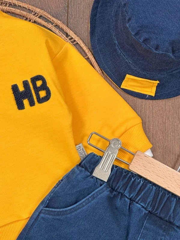 Likralı Kot Pantolon Çift Taraflı Şapka NakışlıSweatshirt 3lü Erkek Bebek/Çocuk Takım