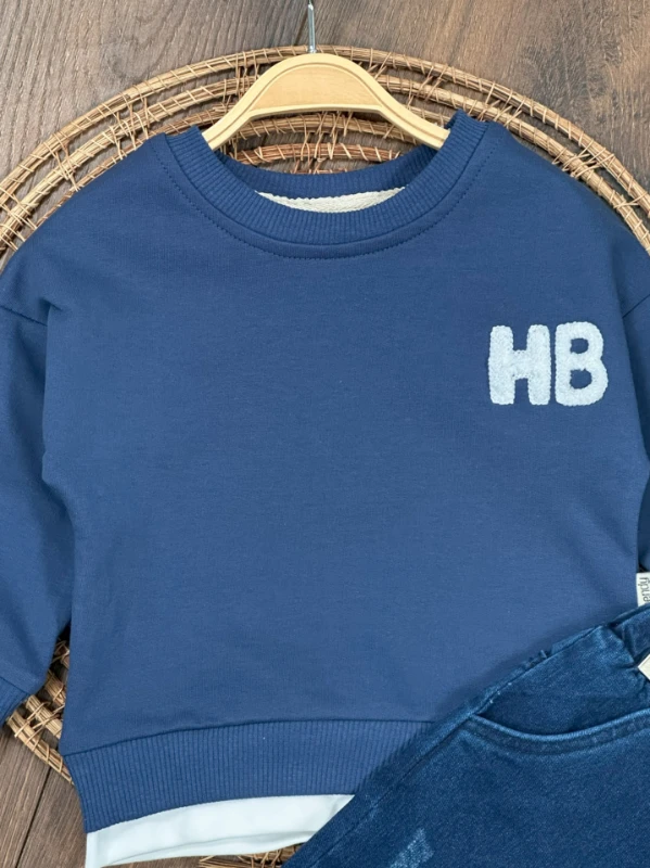 Likralı Kot Pantolon Çift Taraflı Şapka NakışlıSweatshirt 3lü Erkek Bebek/Çocuk Takım