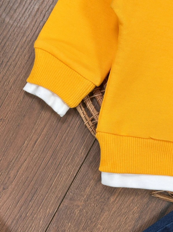 Likralı Kot Pantolon Çift Taraflı Şapka NakışlıSweatshirt 3lü Erkek Bebek/Çocuk Takım