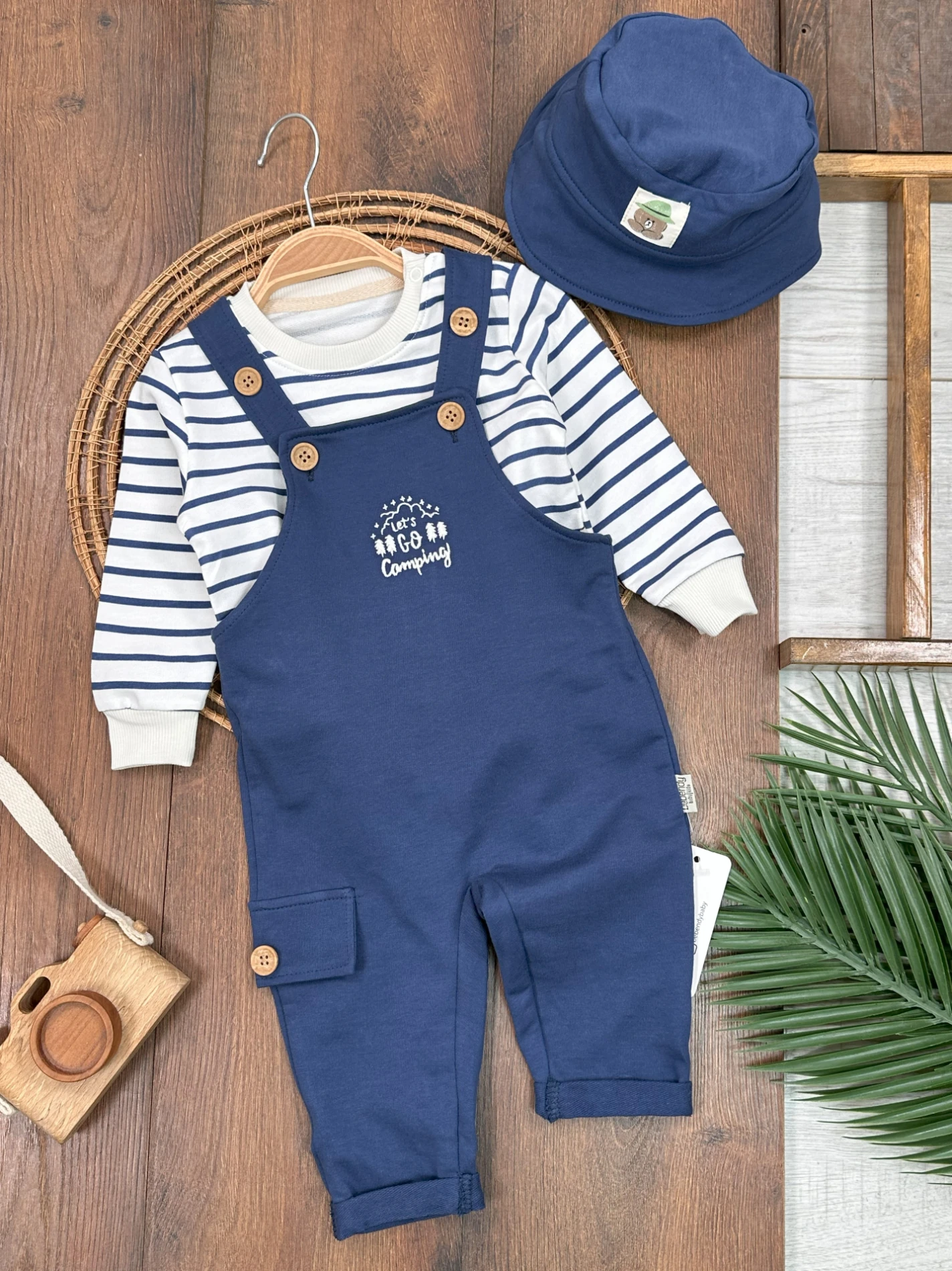 Safari Şapkalı Nakışlı Şeritli Sweatshirt Salopet Erkek Bebek Takım - LACİVERT