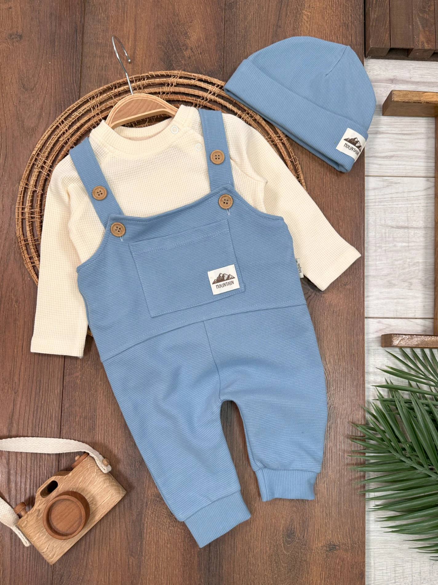 Salopet Bereli Waffle Badili %100 Pamuk Erkek Bebek Tulum/Takım - MAVİ