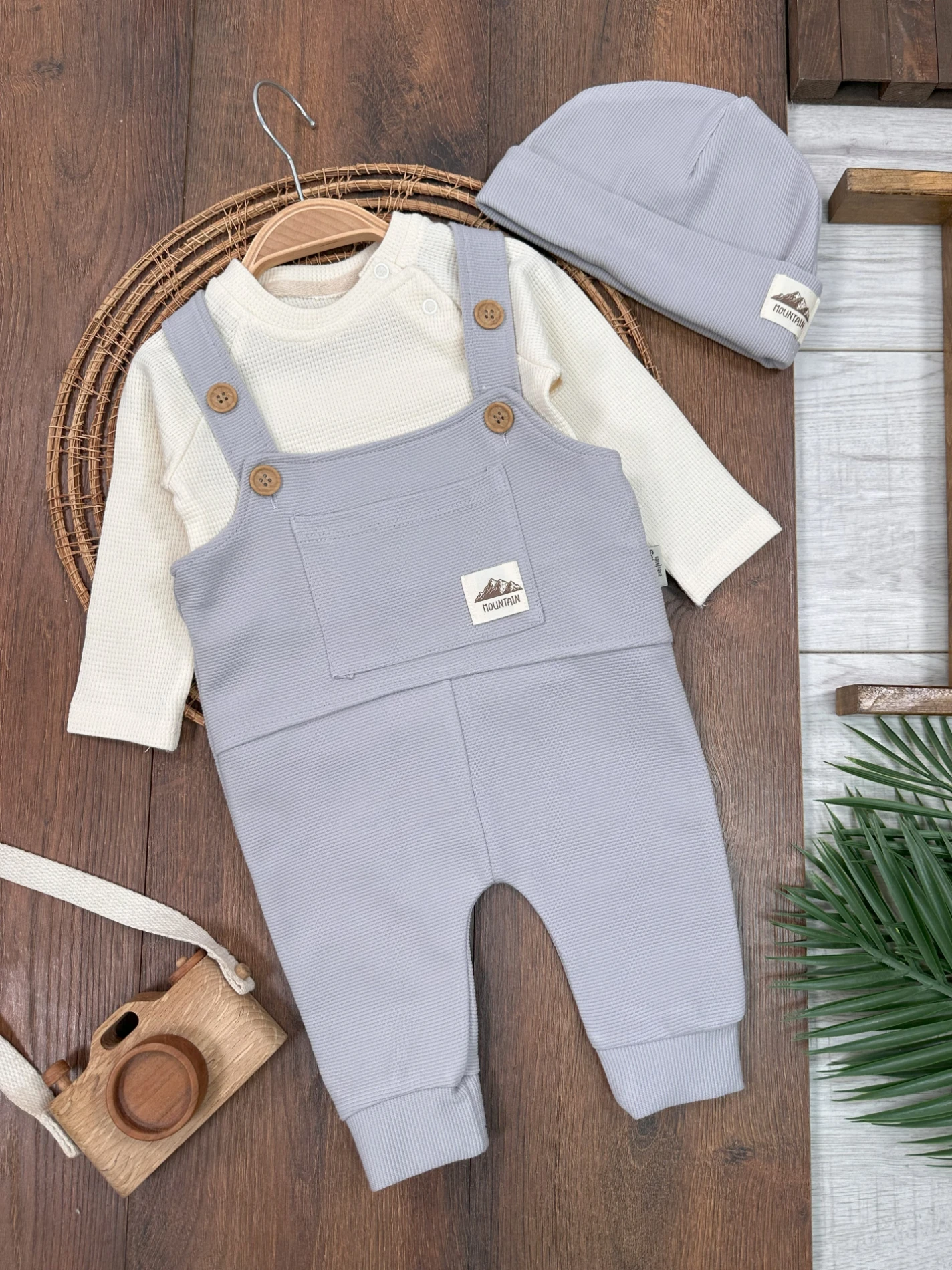 Salopet Bereli Waffle Badili %100 Pamuk Erkek Bebek Tulum/Takım - GRİ