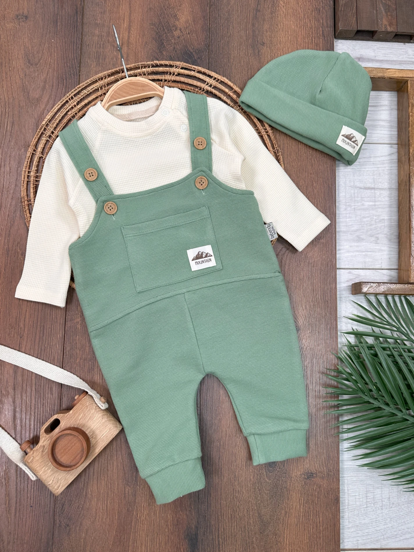 Salopet Bereli Waffle Badili %100 Pamuk Erkek Bebek Tulum/Takım