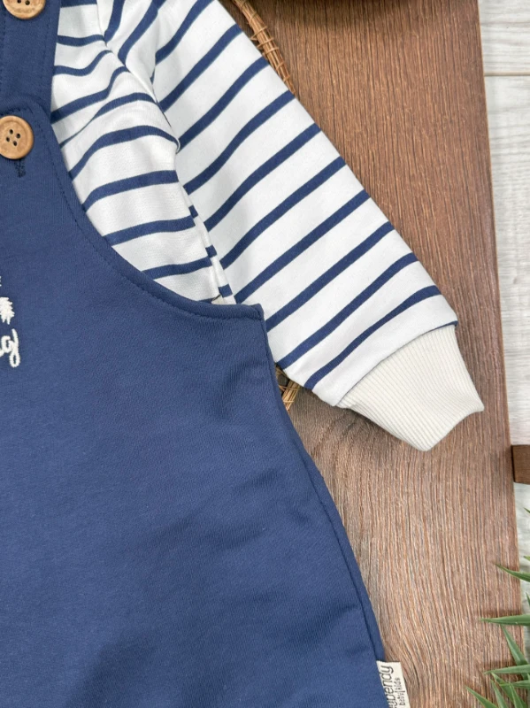 Safari Şapkalı Nakışlı Şeritli Sweatshirt Salopet Erkek Bebek Takım