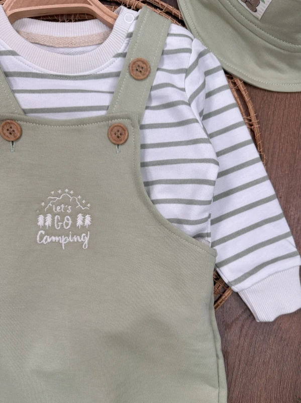 Safari Şapkalı Nakışlı Şeritli Sweatshirt Salopet Erkek Bebek Takım