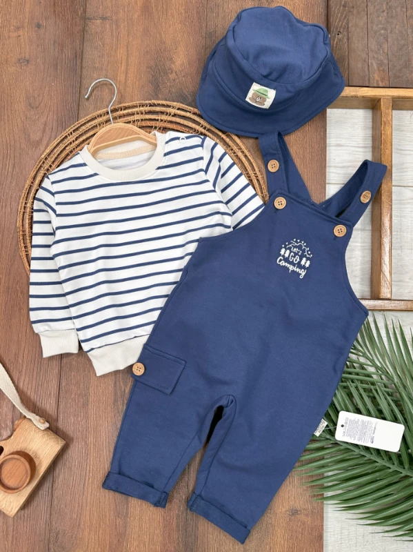 Safari Şapkalı Nakışlı Şeritli Sweatshirt Salopet Erkek Bebek Takım