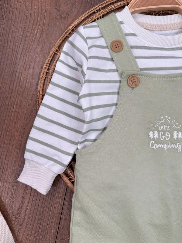 Safari Şapkalı Nakışlı Şeritli Sweatshirt Salopet Erkek Bebek Takım
