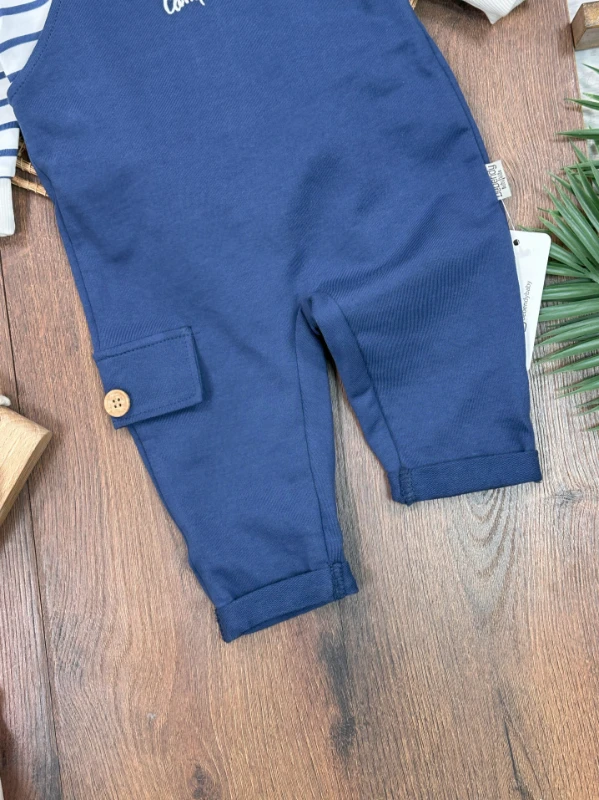 Safari Şapkalı Nakışlı Şeritli Sweatshirt Salopet Erkek Bebek Takım