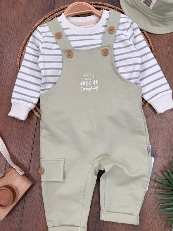Safari Şapkalı Nakışlı Şeritli Sweatshirt Salopet Erkek Bebek Takım