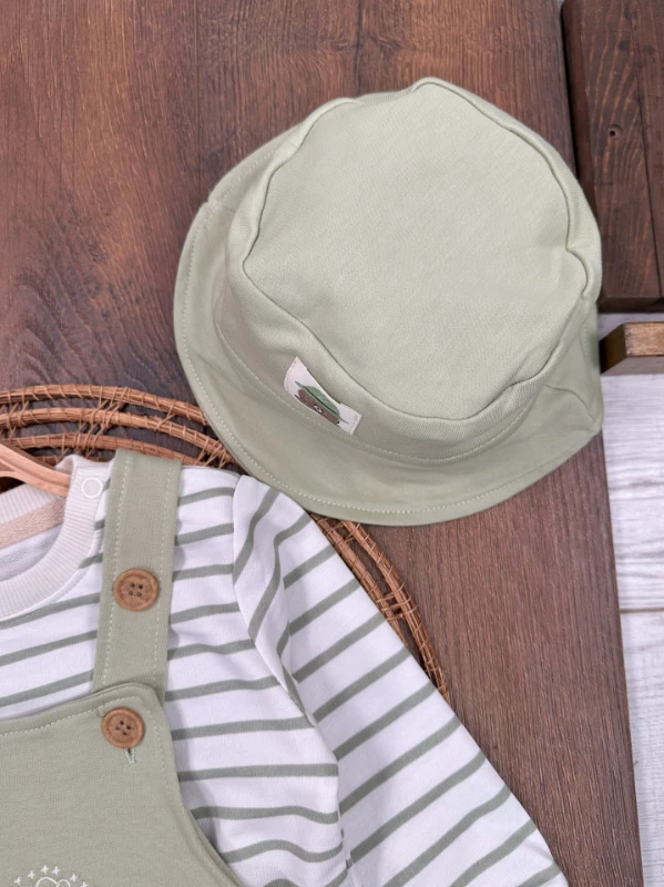 Safari Şapkalı Nakışlı Şeritli Sweatshirt Salopet Erkek Bebek Takım