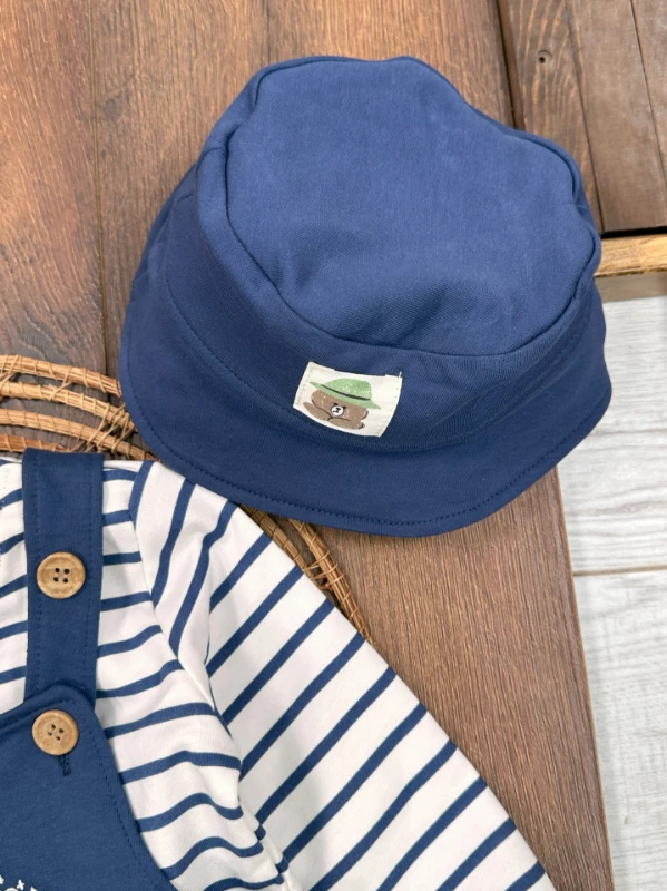 Safari Şapkalı Nakışlı Şeritli Sweatshirt Salopet Erkek Bebek Takım