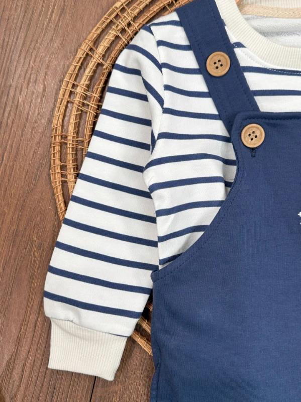 Safari Şapkalı Nakışlı Şeritli Sweatshirt Salopet Erkek Bebek Takım