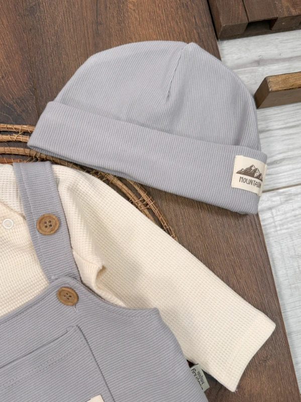 Salopet Bereli Waffle Badili %100 Pamuk Erkek Bebek Tulum/Takım