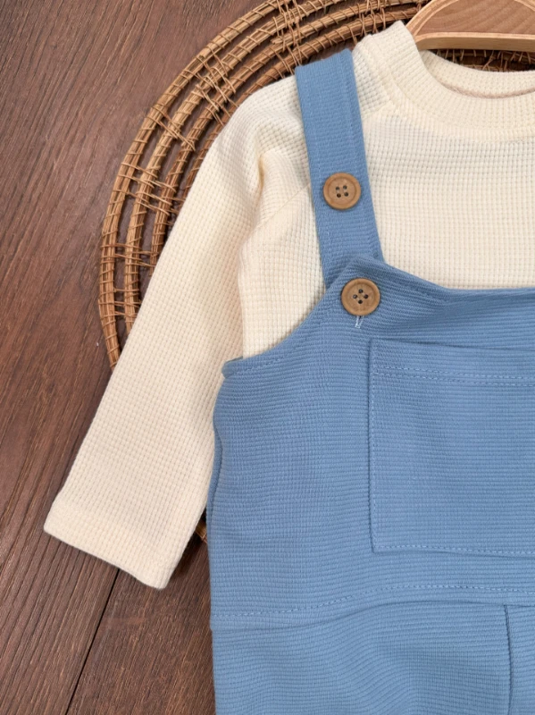 Salopet Bereli Waffle Badili %100 Pamuk Erkek Bebek Tulum/Takım