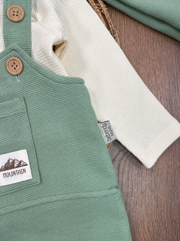 Salopet Bereli Waffle Badili %100 Pamuk Erkek Bebek Tulum/Takım