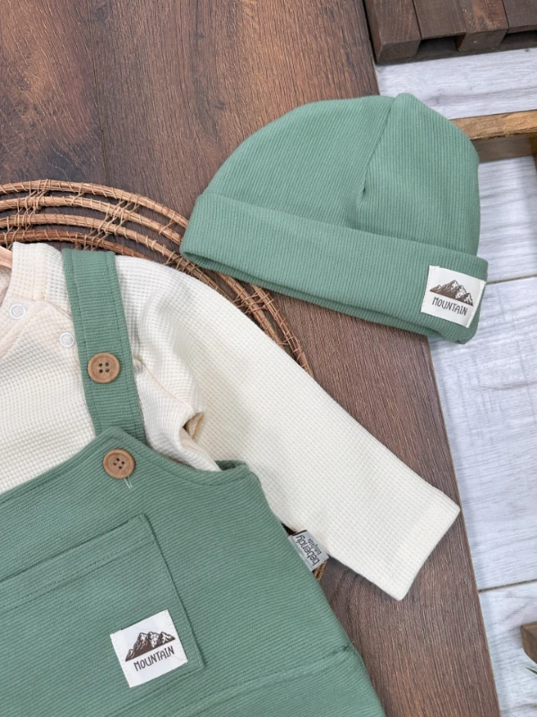 Salopet Bereli Waffle Badili %100 Pamuk Erkek Bebek Tulum/Takım