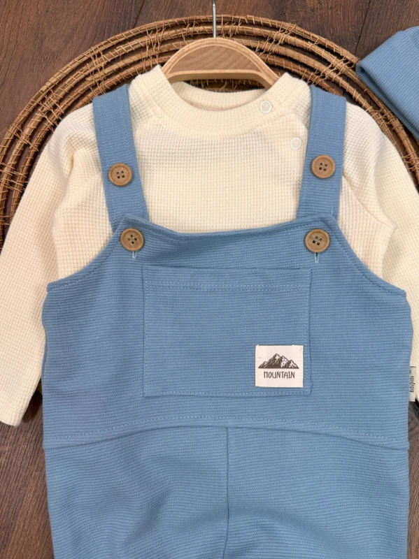 Salopet Bereli Waffle Badili %100 Pamuk Erkek Bebek Tulum/Takım