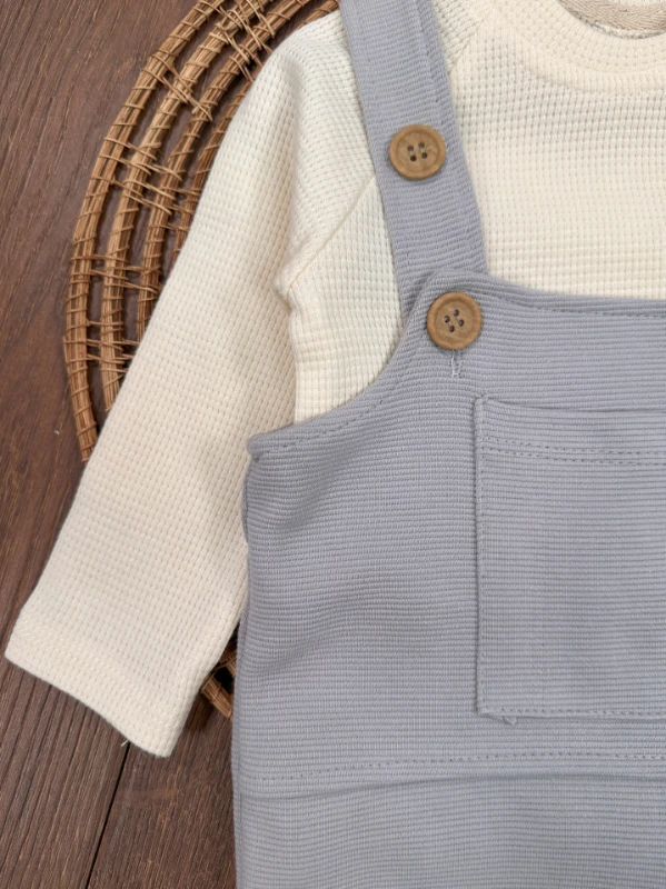 Salopet Bereli Waffle Badili %100 Pamuk Erkek Bebek Tulum/Takım