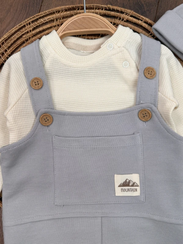Salopet Bereli Waffle Badili %100 Pamuk Erkek Bebek Tulum/Takım