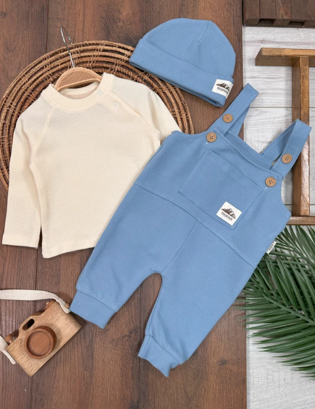 Salopet Bereli Waffle Badili %100 Pamuk Erkek Bebek Tulum/Takım
