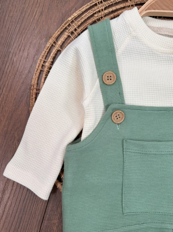 Salopet Bereli Waffle Badili %100 Pamuk Erkek Bebek Tulum/Takım