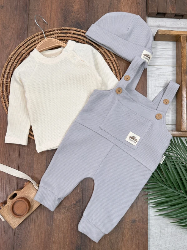 Salopet Bereli Waffle Badili %100 Pamuk Erkek Bebek Tulum/Takım