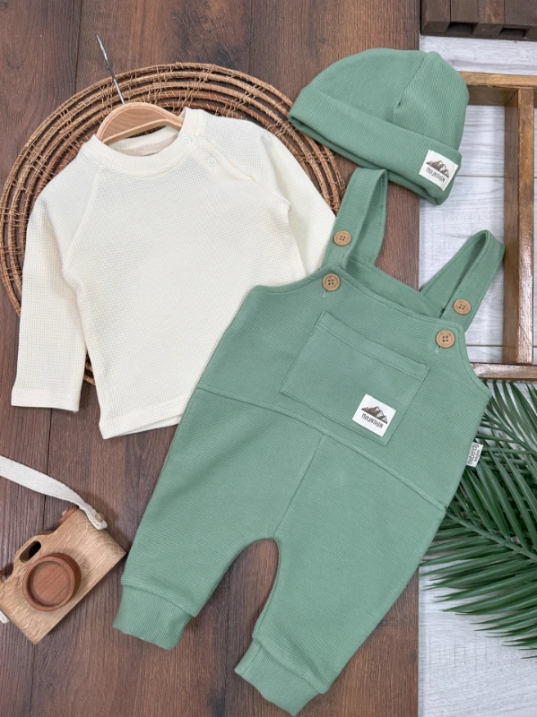 Salopet Bereli Waffle Badili %100 Pamuk Erkek Bebek Tulum/Takım