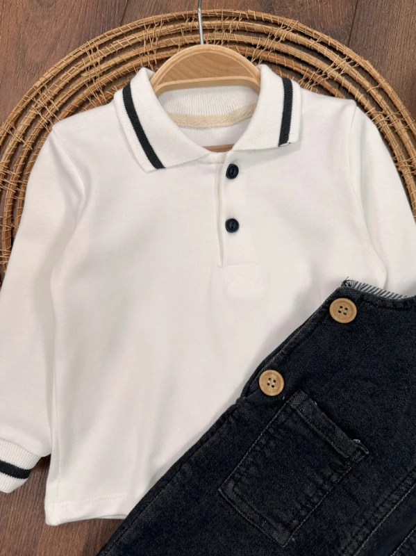 Salopet Likralı Kot Polo Yaka Sweatshirt Düğmeli Salopet Erkek Bebek Takım