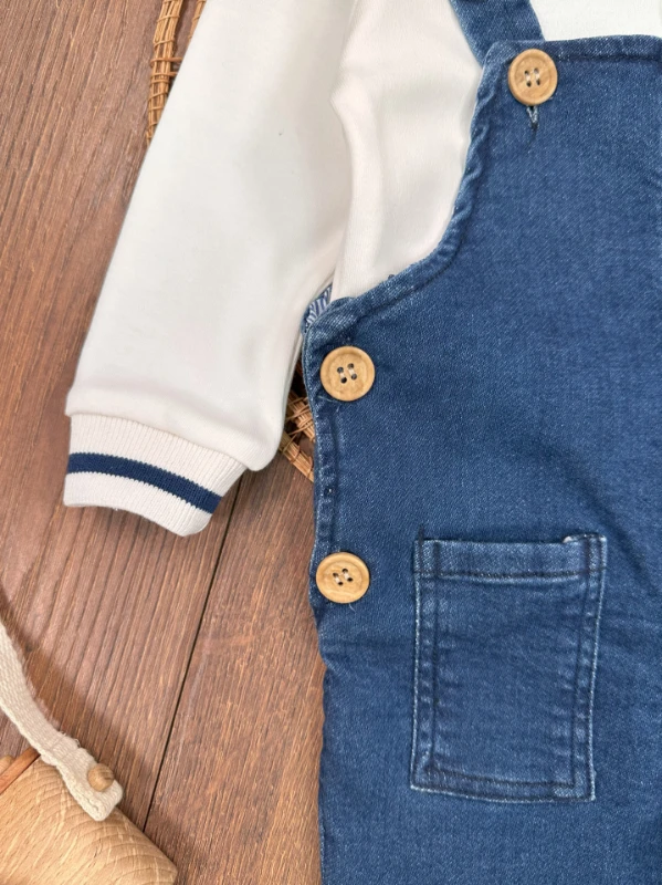 Salopet Likralı Kot Polo Yaka Sweatshirt Düğmeli Salopet Erkek Bebek Takım