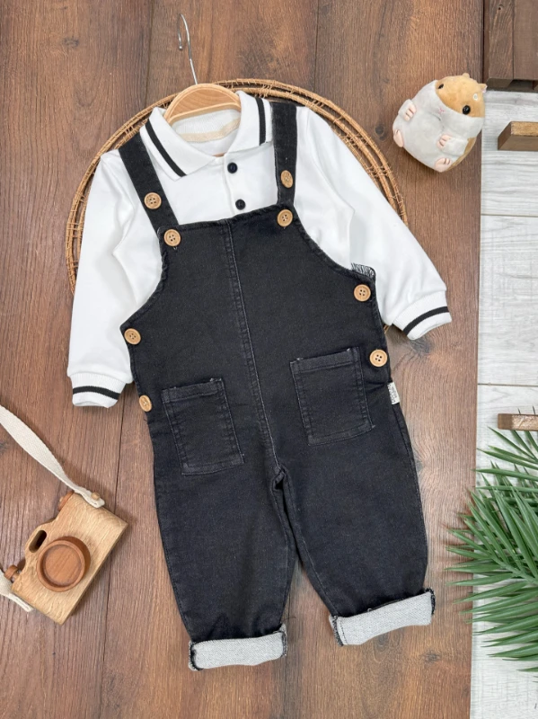 Salopet Likralı Kot Polo Yaka Sweatshirt Düğmeli Salopet Erkek Bebek Takım