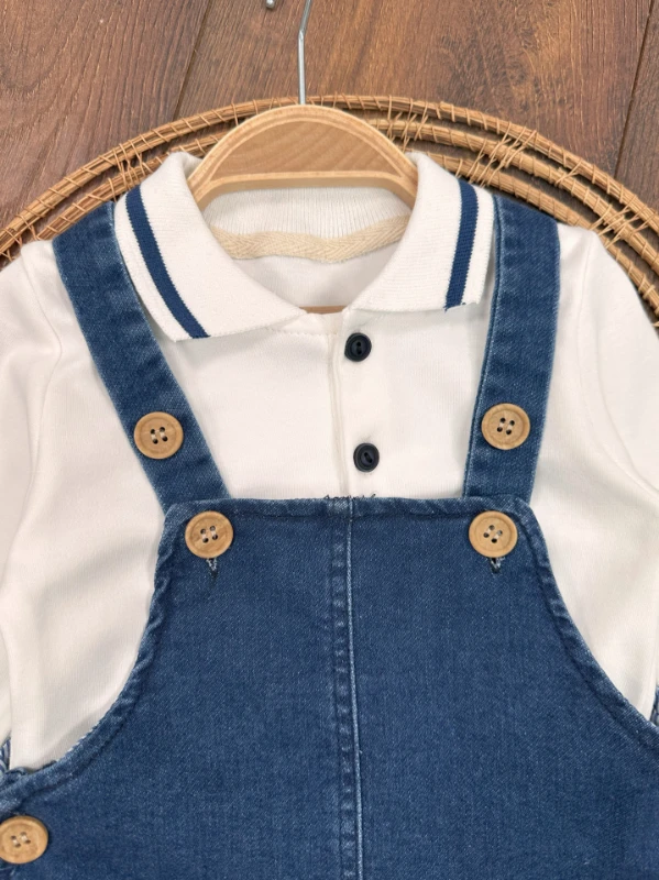 Salopet Likralı Kot Polo Yaka Sweatshirt Düğmeli Salopet Erkek Bebek Takım