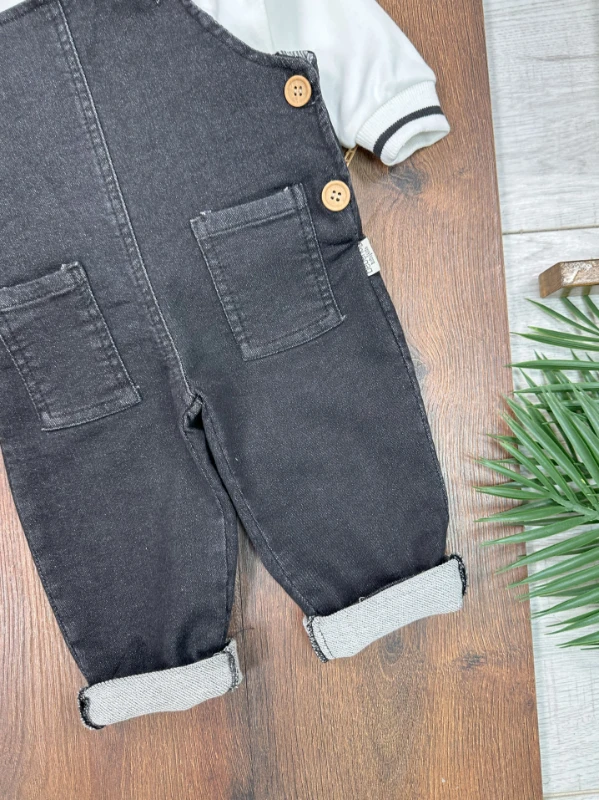 Salopet Likralı Kot Polo Yaka Sweatshirt Düğmeli Salopet Erkek Bebek Takım