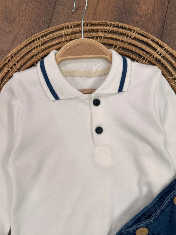 Salopet Likralı Kot Polo Yaka Sweatshirt Düğmeli Salopet Erkek Bebek Takım