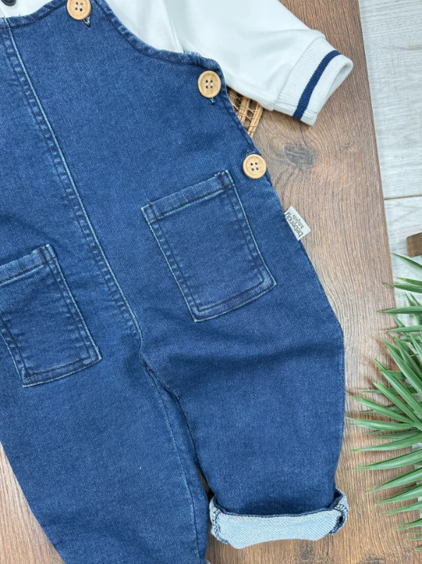 Salopet Likralı Kot Polo Yaka Sweatshirt Düğmeli Salopet Erkek Bebek Takım