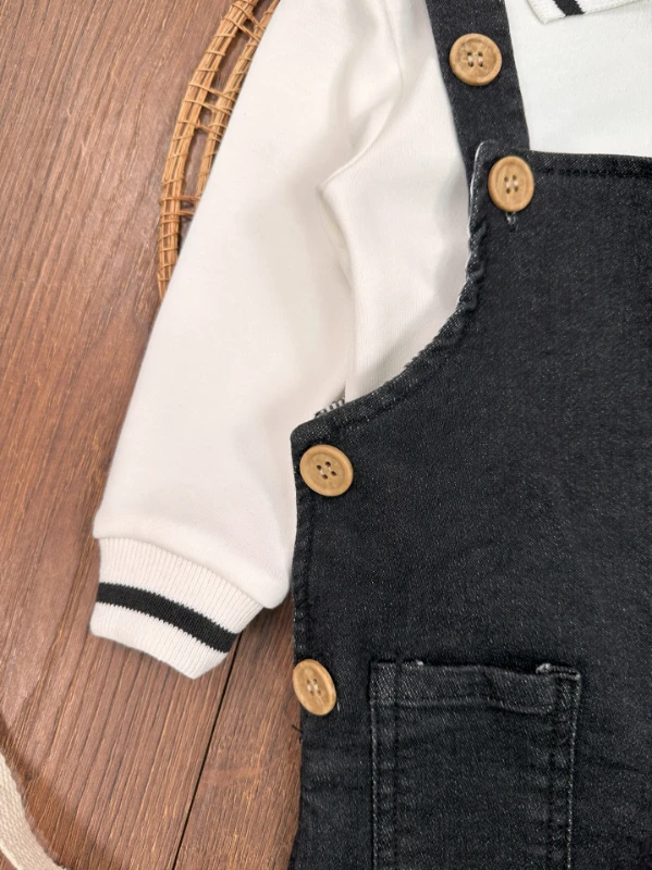 Salopet Likralı Kot Polo Yaka Sweatshirt Düğmeli Salopet Erkek Bebek Takım