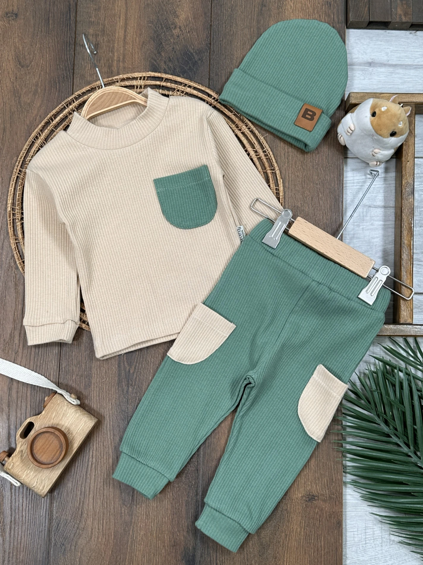 Kaşkorse Esnek Bereli Cep Detaylı 3lü Erkek Bebek Takım