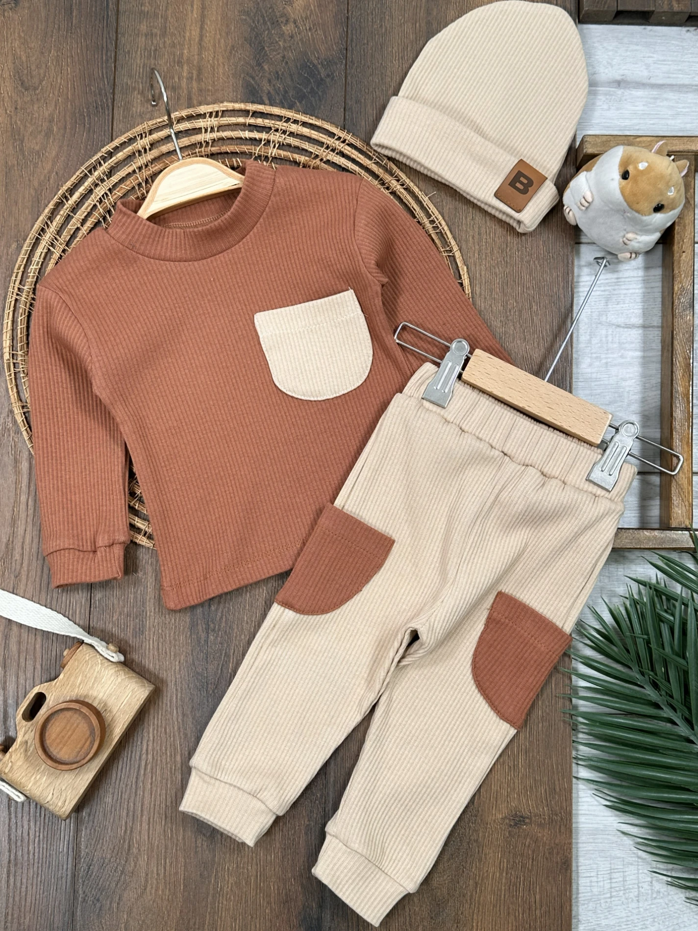 Kaşkorse Esnek Bereli Cep Detaylı 3lü Erkek Bebek Takım - KAHVE