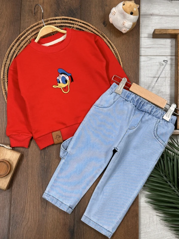 Nakışlı Arma Detaylı Likralı Kot Pantolon Erkek Bebek/Çocuk Takım