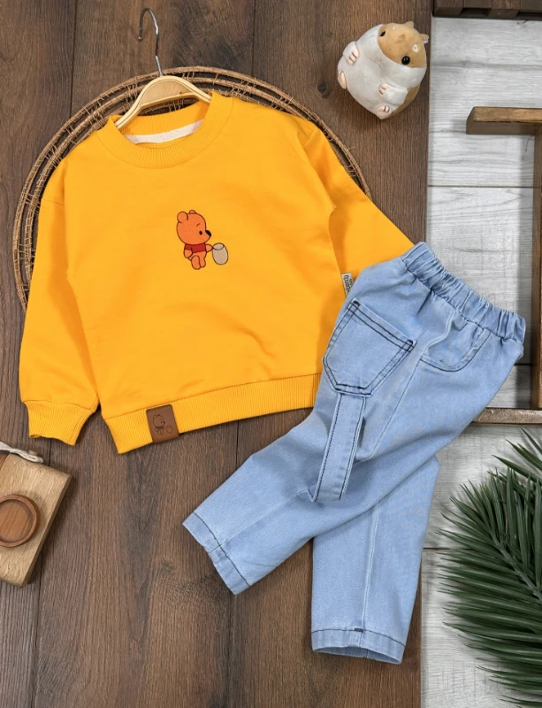 Nakışlı Arma Detaylı Likralı Kot Pantolon Erkek Bebek/Çocuk Takım