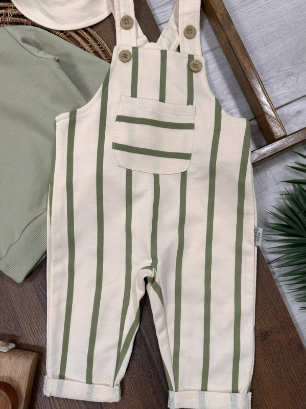 Çizgili Safari Şapkalı Omuzdan Çıtçıtlı Sweatshirt Salopet 3lü Erkek Bebek Takım