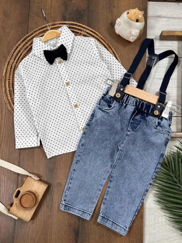 Askı Kemerli Papyonlu Likralı Kot Pantolon Erkek Bebek/Çocuk Takım