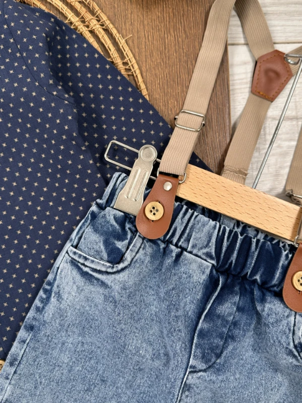 Askı Kemerli Papyonlu Likralı Kot Pantolon Erkek Bebek/Çocuk Takım