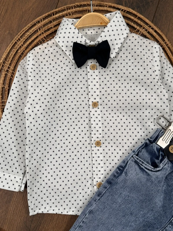 Askı Kemerli Papyonlu Likralı Kot Pantolon Erkek Bebek/Çocuk Takım