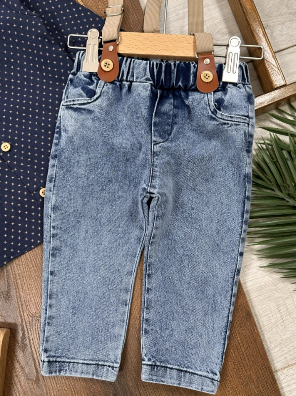 Askı Kemerli Papyonlu Likralı Kot Pantolon Erkek Bebek/Çocuk Takım
