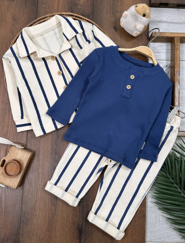 Çizgili Safari Önden Düğmeli Ceket Kaşkorse Badili 3lü Erkek Bebek/Çocuk  Takım 