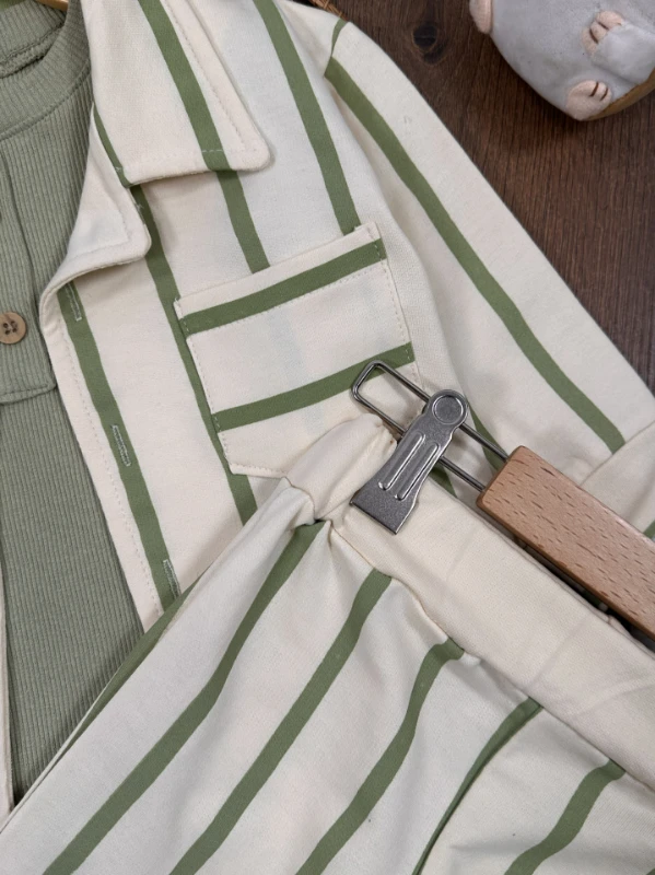 Çizgili Safari Önden Düğmeli Ceket Kaşkorse Badili 3lü Erkek Bebek/Çocuk  Takım 