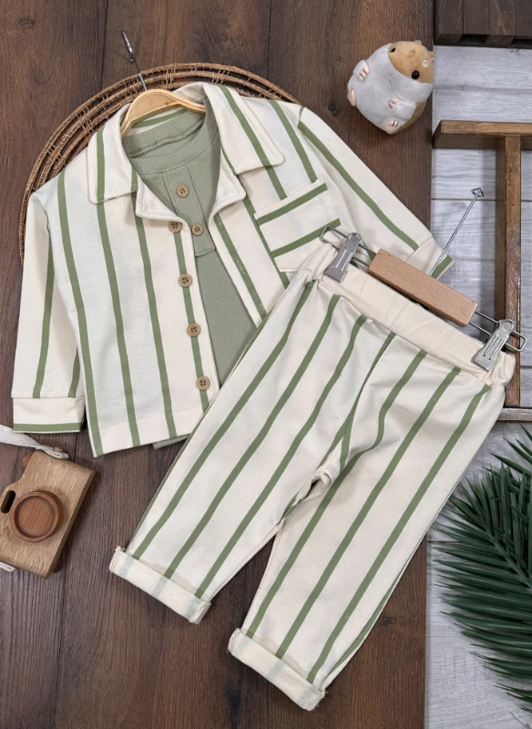 Çizgili Safari Önden Düğmeli Ceket Kaşkorse Badili 3lü Erkek Bebek/Çocuk  Takım 