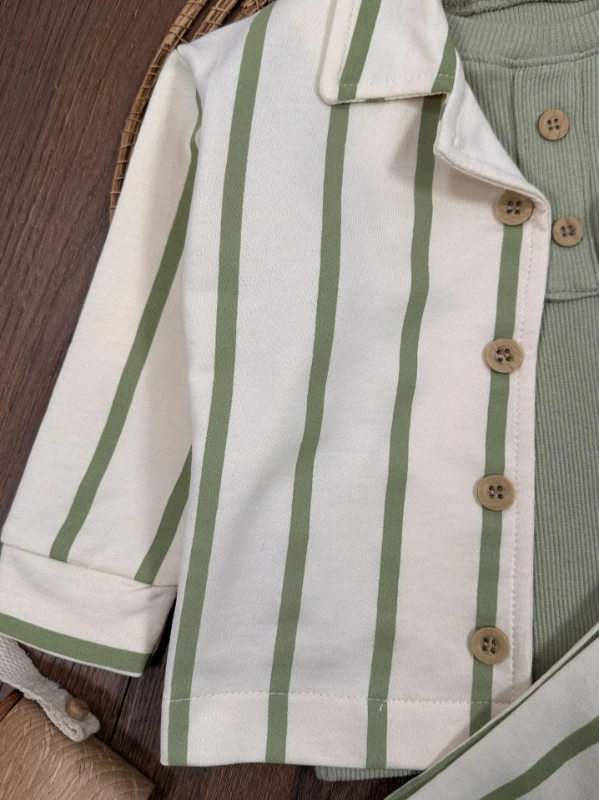 Çizgili Safari Önden Düğmeli Ceket Kaşkorse Badili 3lü Erkek Bebek/Çocuk  Takım 