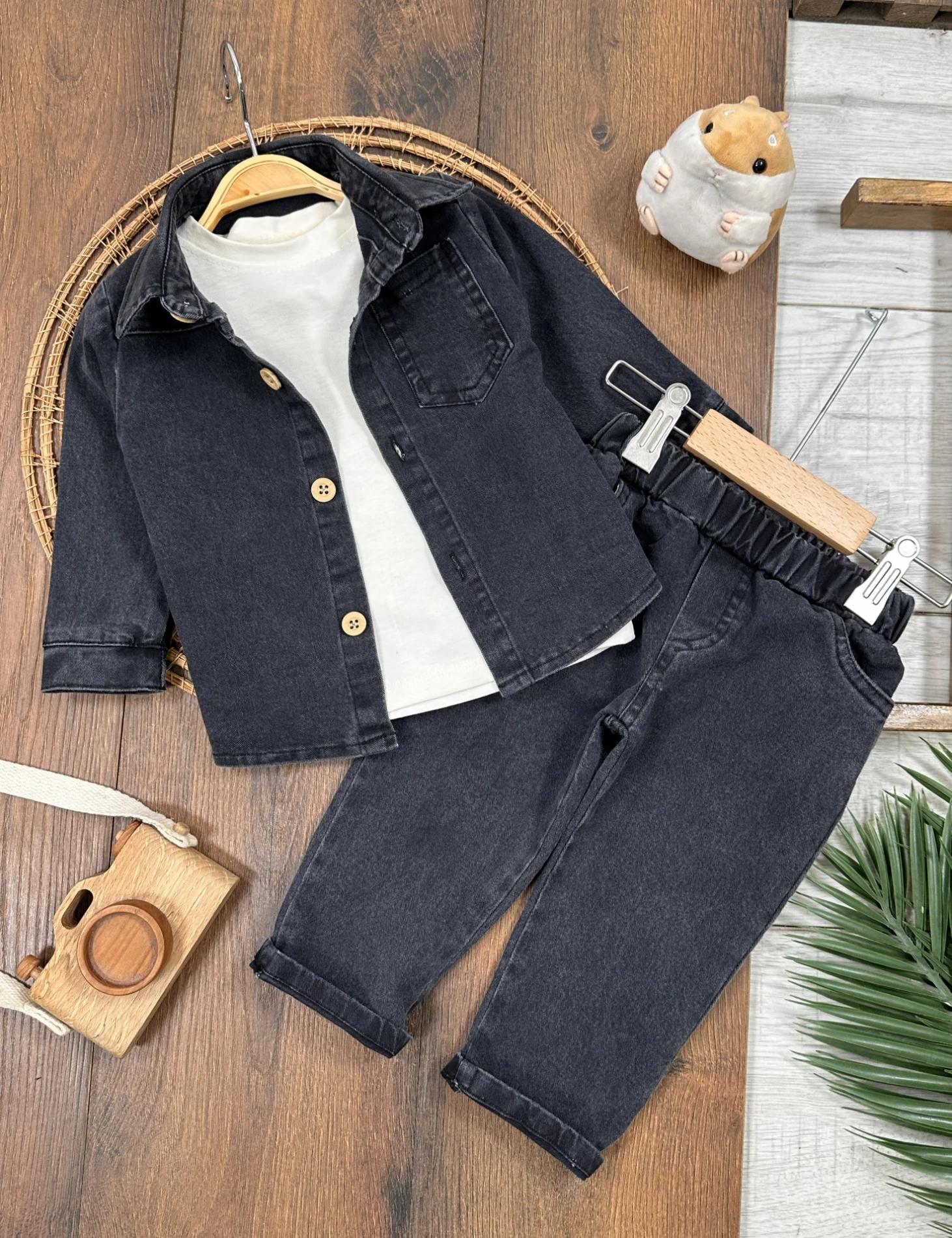 Likralı Kot Önden Düğmeli Kısa Kol Badili 3lü Kot Erkek Bebek/Çocuk Takım